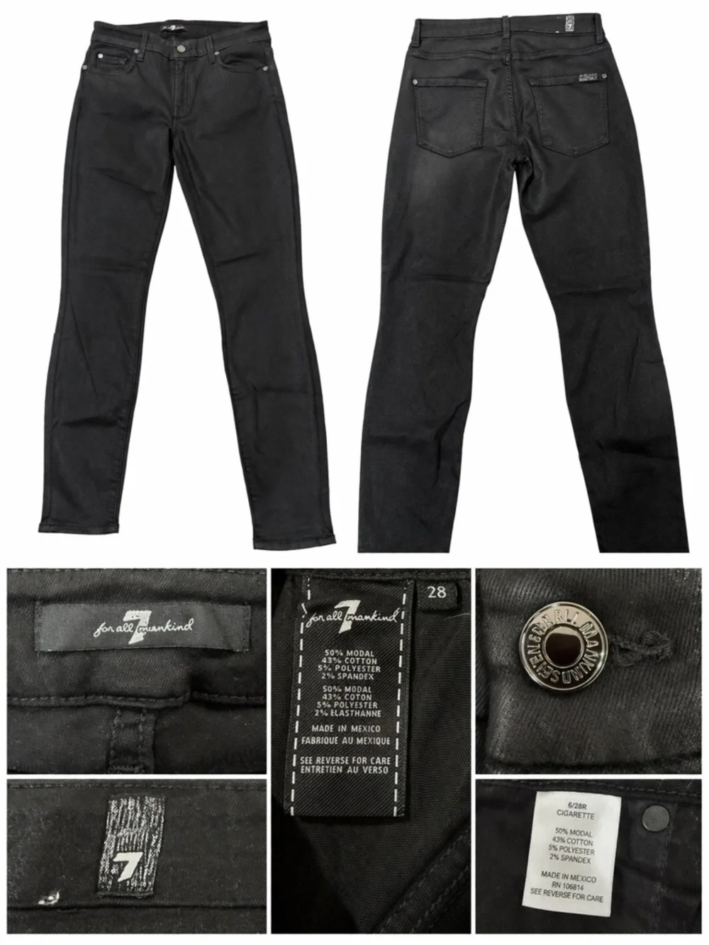 7 For All Mankind Black Coated Skinny Jeans Size 28 Mid Rise Stretch Denim